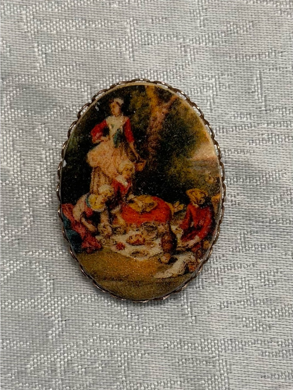 Vintage Gold Tone Oval Picnic Scene Brooch Pin Fragonard Style